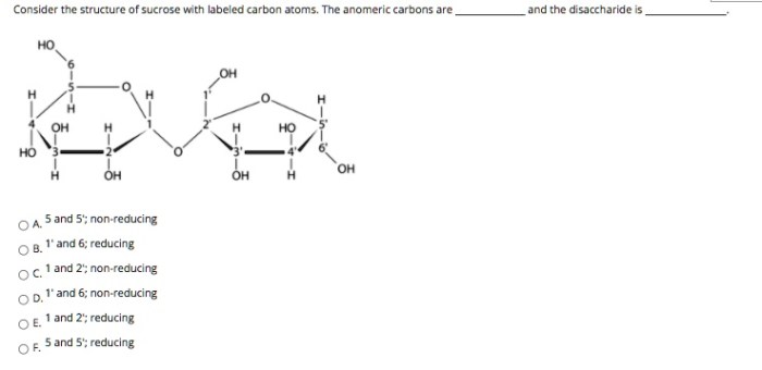 Consider the structure of sucrose with labeled carbon atoms